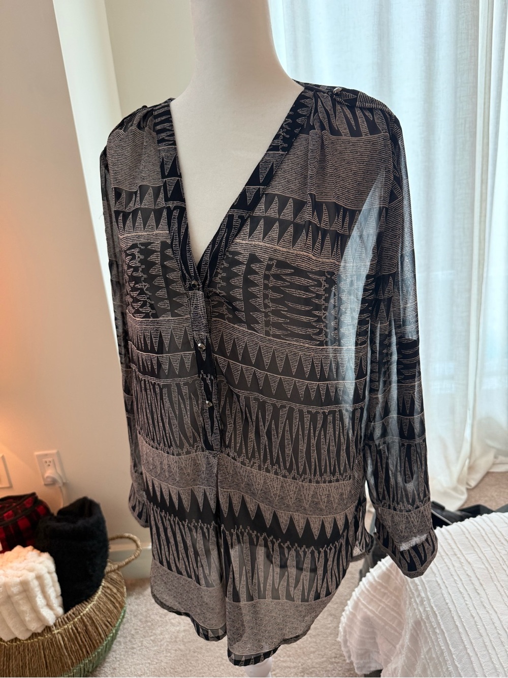 Sheer Black & Gray Patterned V-Neck Blouse